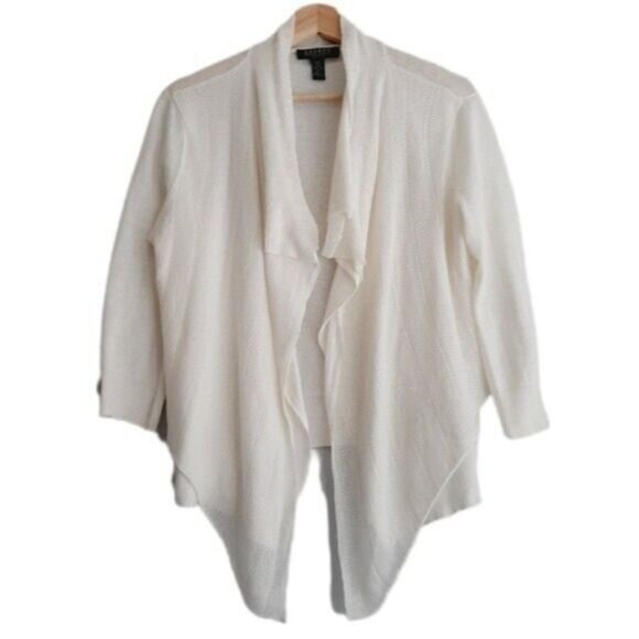 LAUREN Ralph Lauren Linen Blend Waterfall Open Front Fine Knit Cardigan Sz M P - Picture 1 of 8